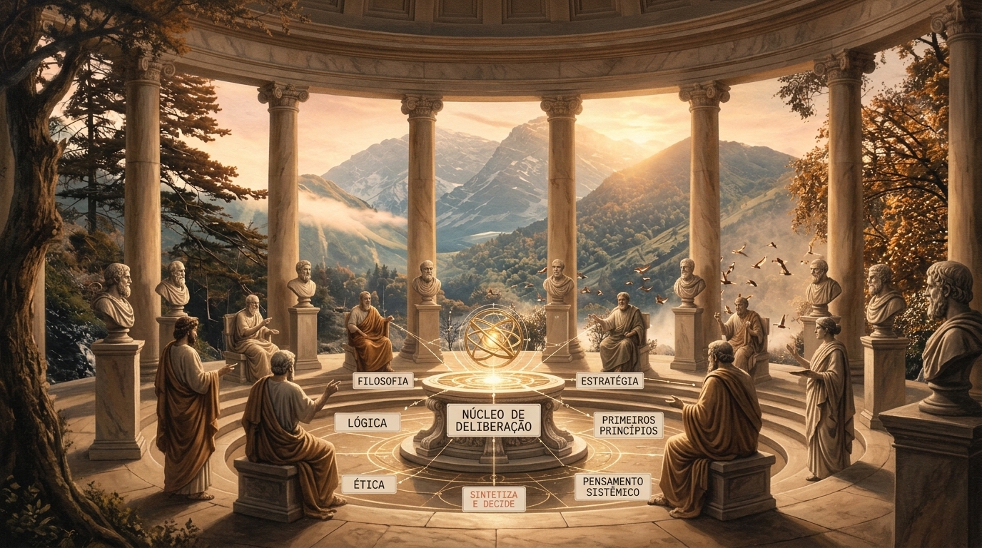 O Conclave das Mentes Geniais — Pintura a óleo clássica retratando grandes sábios e pensadores reunidos em uma rotunda monumental ao entardecer, conectados ao núcleo circular de deliberação e síntese
